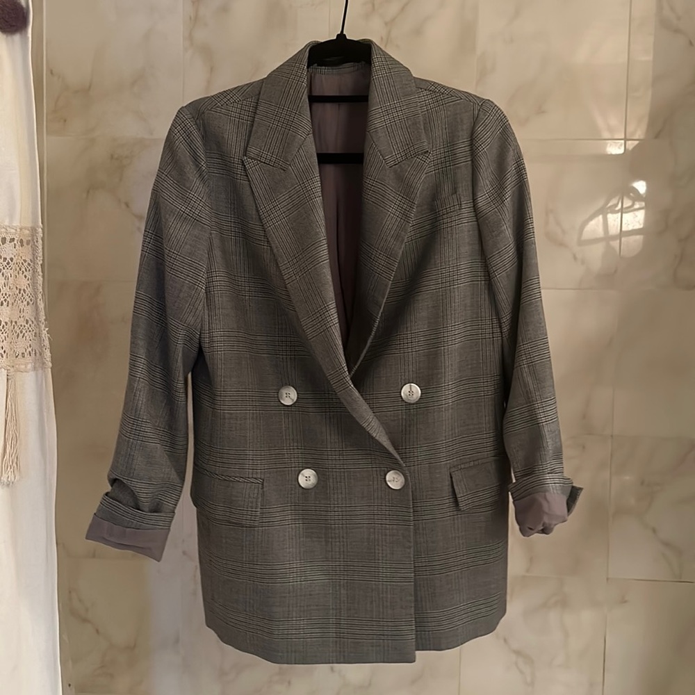 All Saints Grey Plaid Blazer